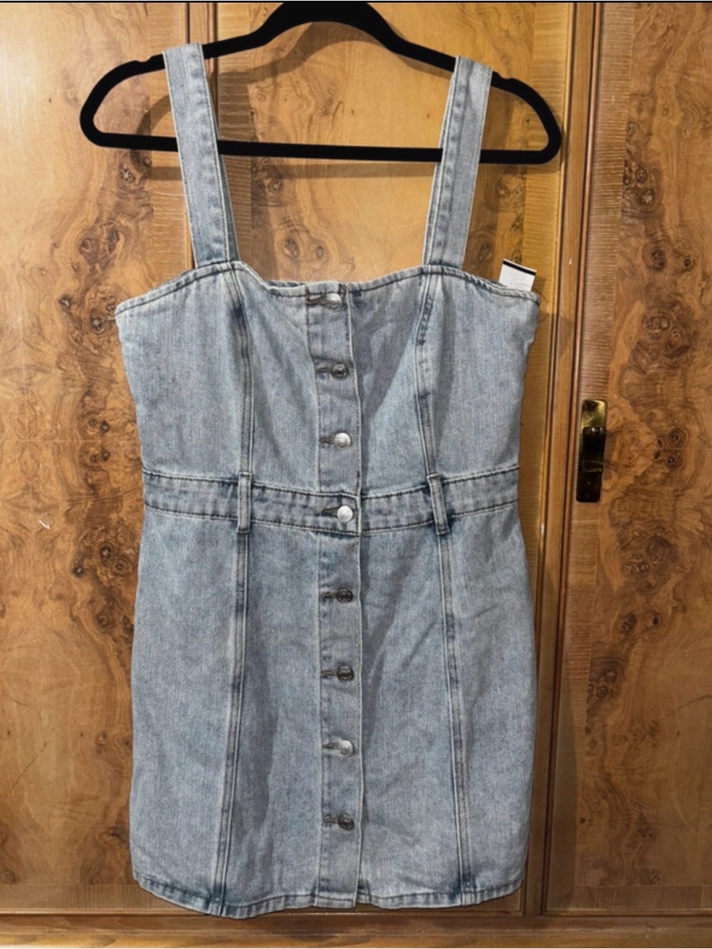 Denim Button-Front Mini Dress in Light Blue size Large
